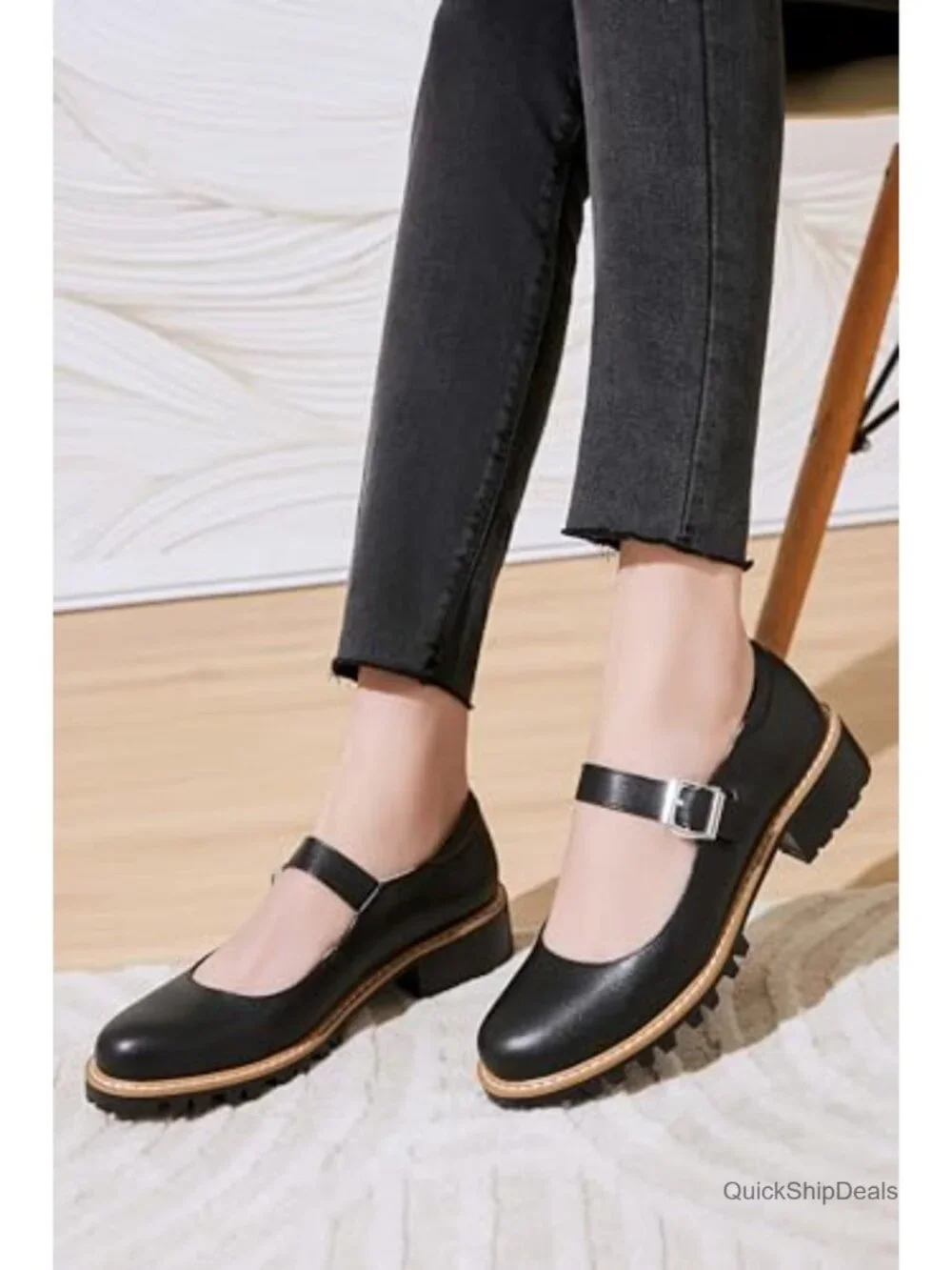 Women's PU Leather Mary Jane Oxfords Flats Chunky Low Heels Platform Retro
